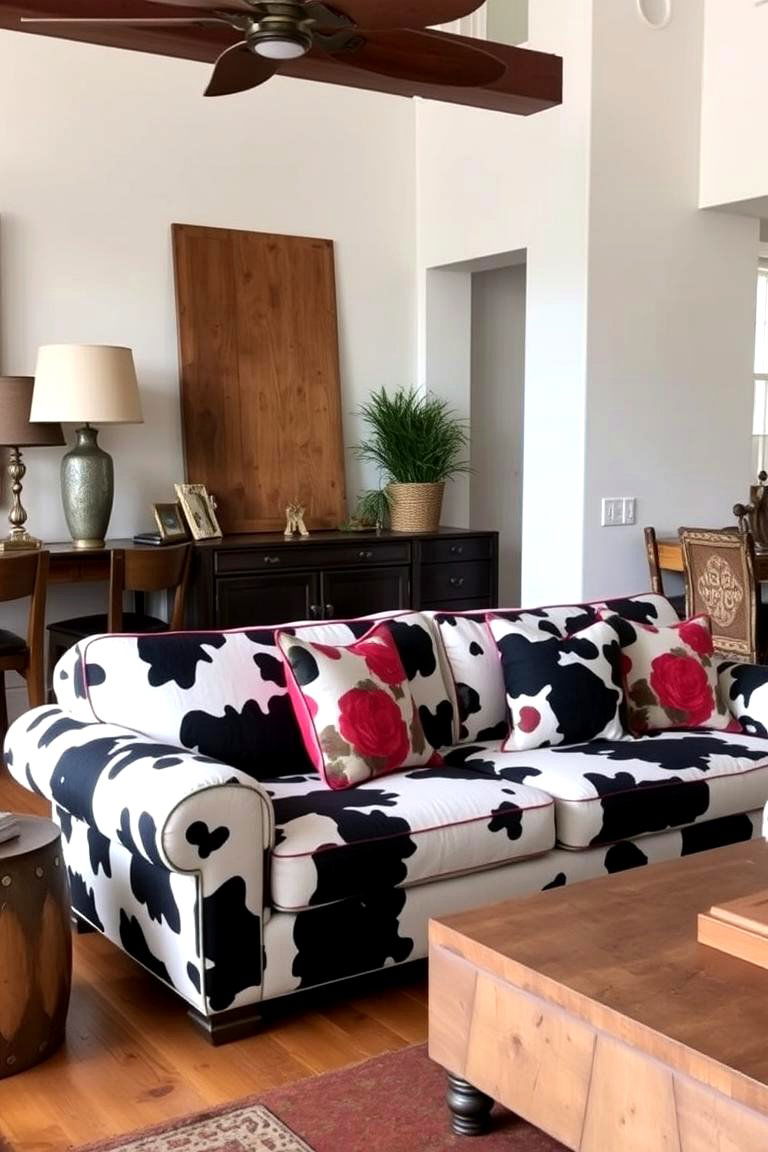 Cow Print Upholstered Sofa - 24 Cow Print Room Decor Ideas
