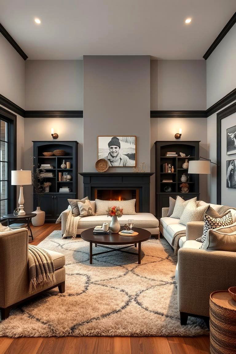Cozy Ambiance with Texture - 24 Living Room With Grey Walls and Black Trim