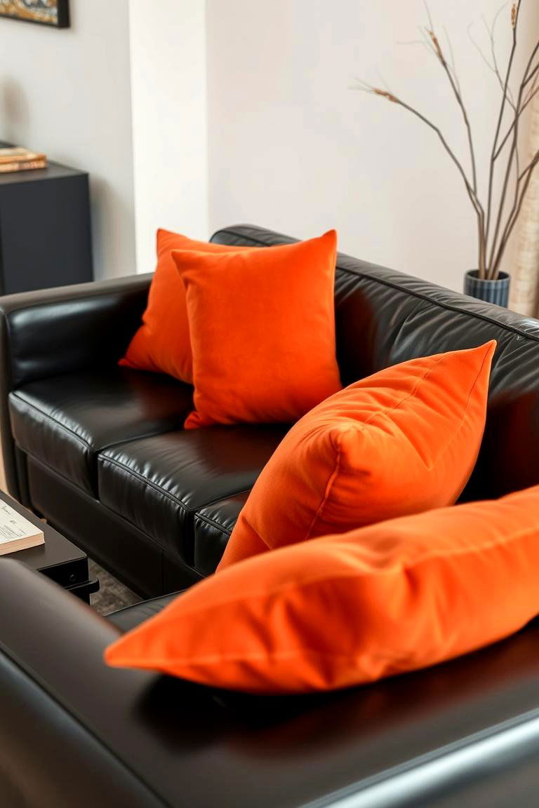 Cozy Black Leather Sofa Adorned with Orange Cushions - 24 Black and Orange Living Room Ideas