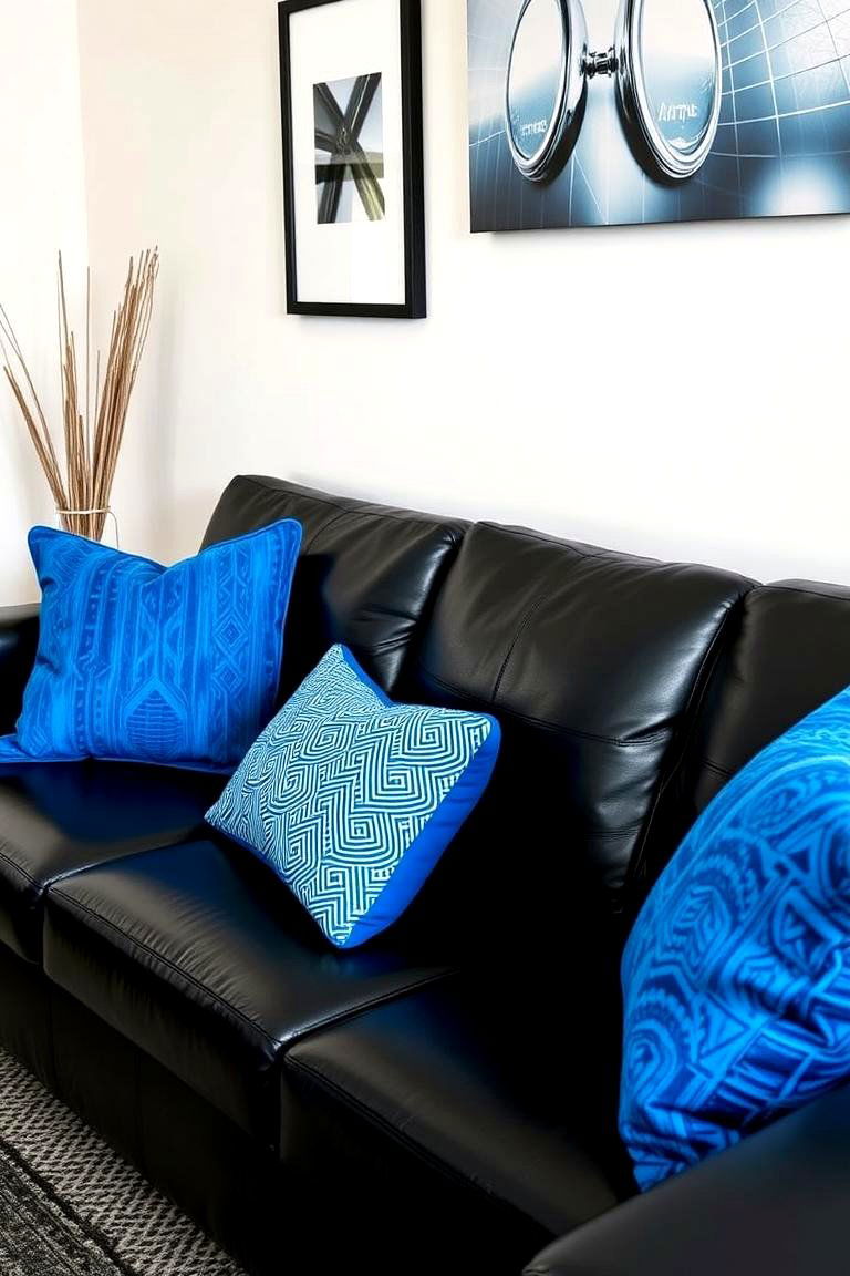Cozy Black Leather Sofa with Vibrant Blue Accents - 24 Black and Blue Living Room Ideas