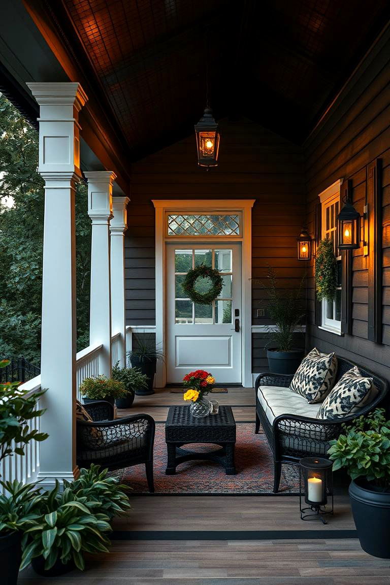 Cozy Black Porch with Warm Lighting - 24 Black Porch Ideas
