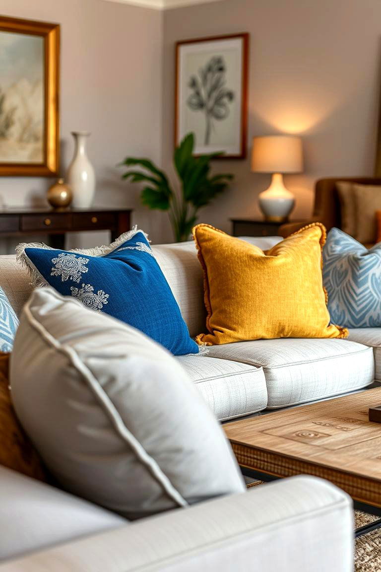 Cozy Blue and Gold Throw Pillows - 24 Blue and Gold Living Room Ideas