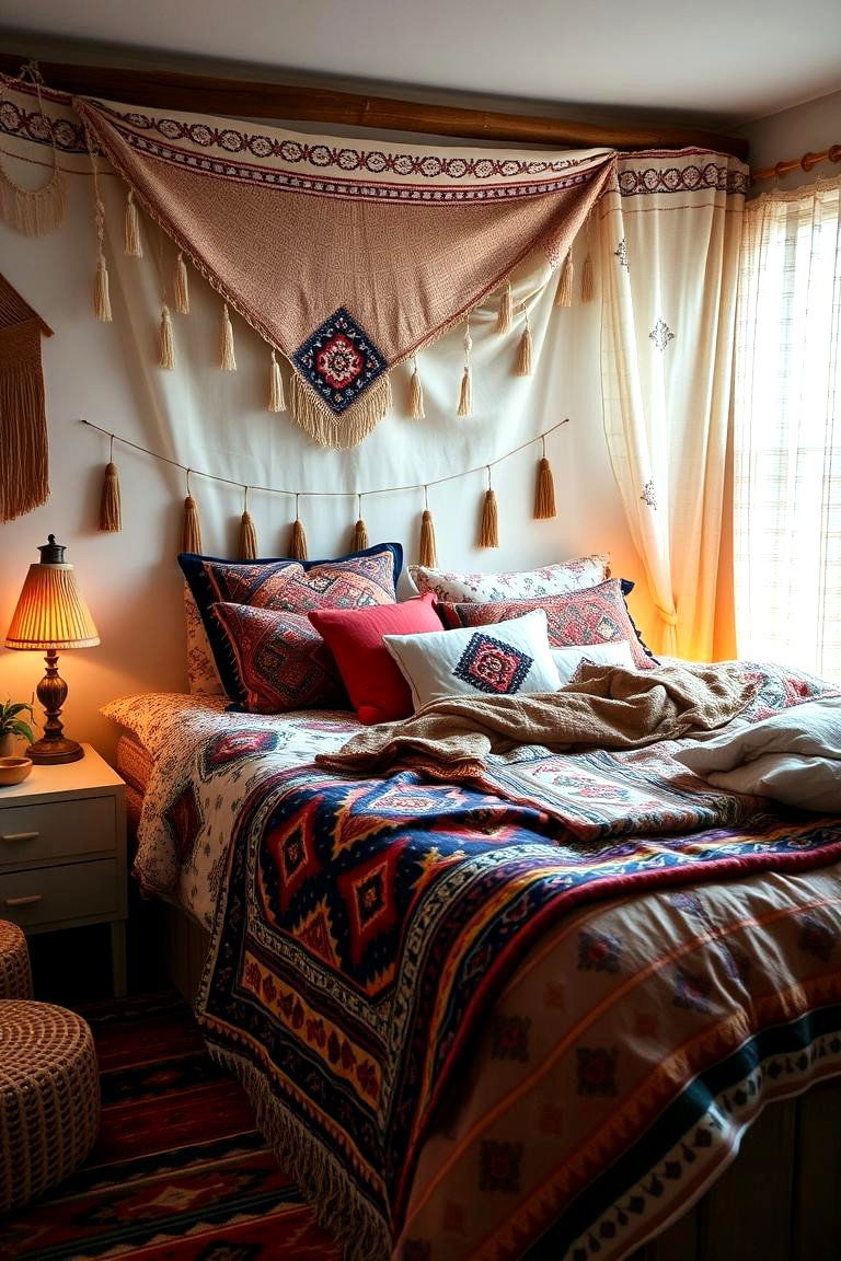 Cozy Boho Bedding with Global Textiles - 24 Boho Dorm Room Ideas