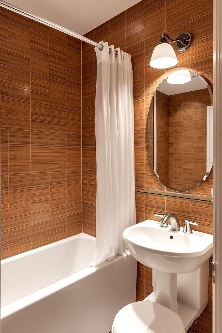 Cozy Brown Wallpaper with White Fixtures - 24 Brown and White Bathroom Ideas