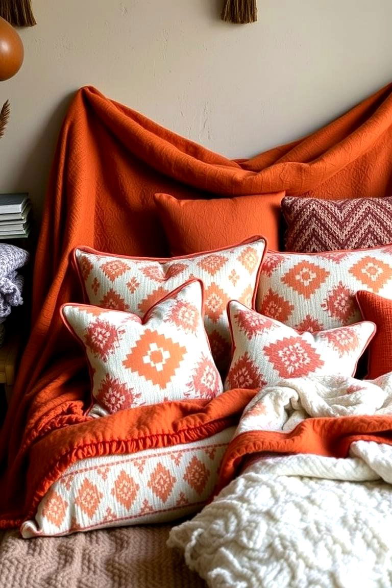 Cozy Burnt Orange Textiles and Layering - 24 Boho Burnt Orange Bedroom Ideas
