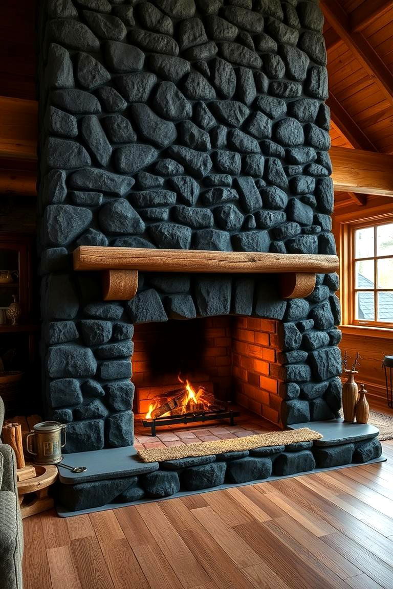 Cozy Cabin Ambiance - 24 Black Stone Fireplace Ideas