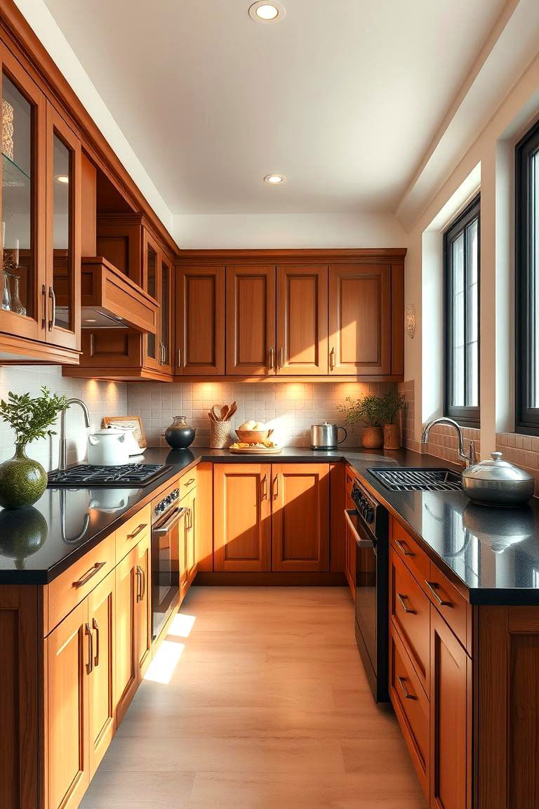 Cozy Contemporary - 24 kitchen with brown cabinets and black countertops ideas