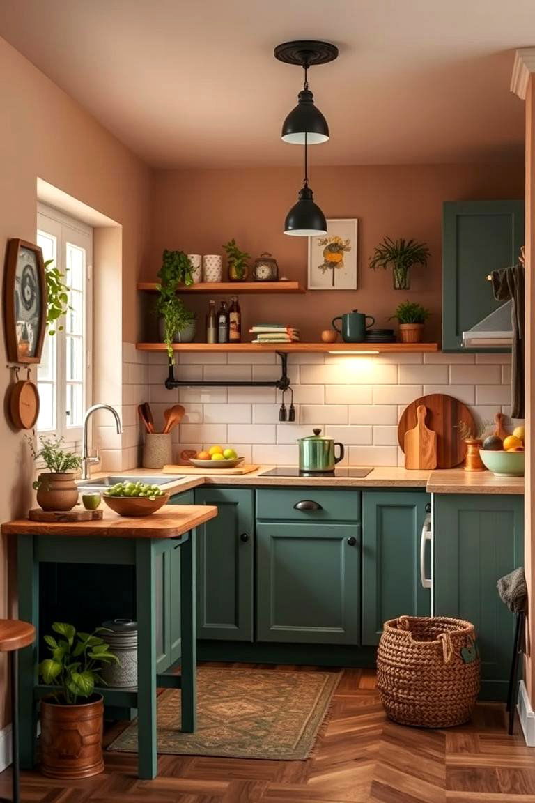 Cozy Corner Kitchen with Warm Earthy Tones - 24 Green and Brown Kitchen Ideas