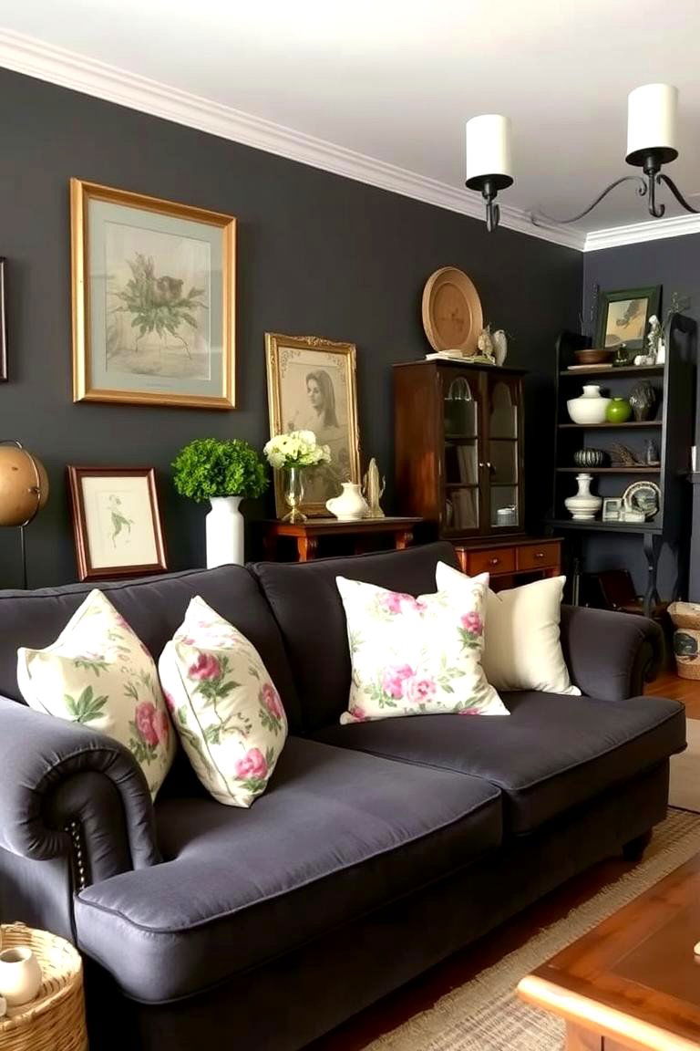 Cozy Cottage Aesthetic with Floral Accents - 24 dark grey couch living room ideas