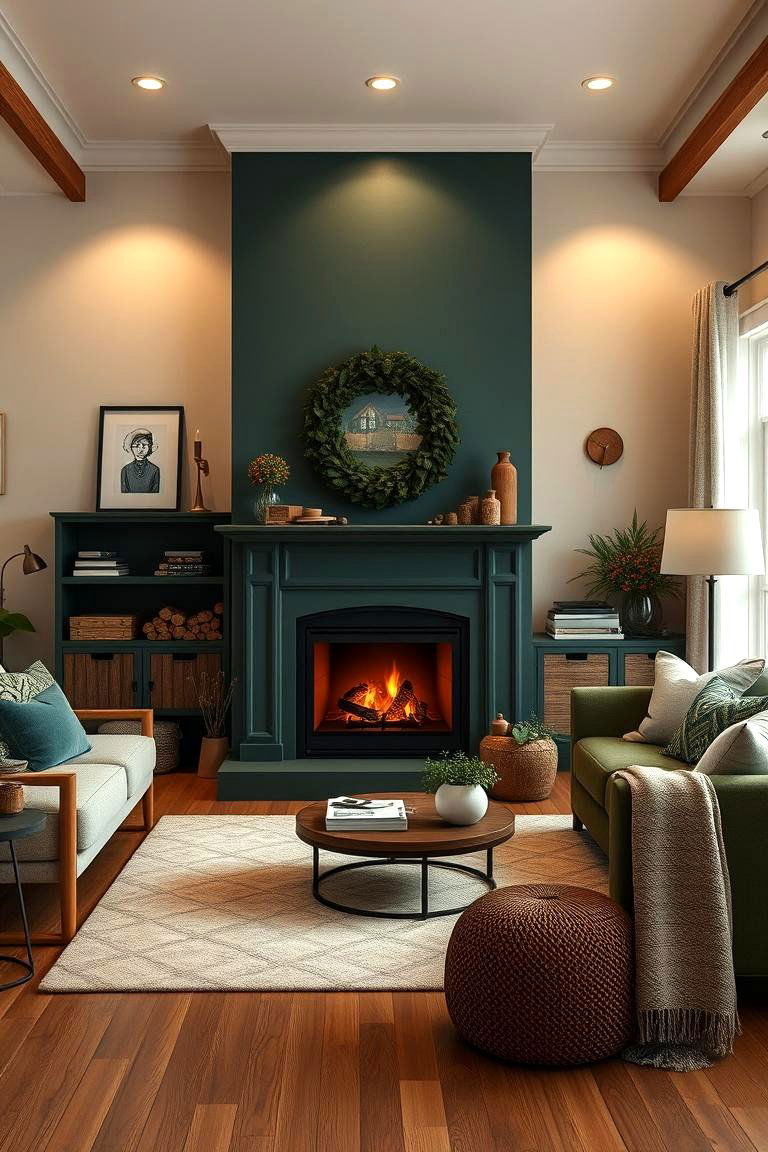 Cozy Dark Green Fireplace Setup - 24 Dark Green Living Room Ideas