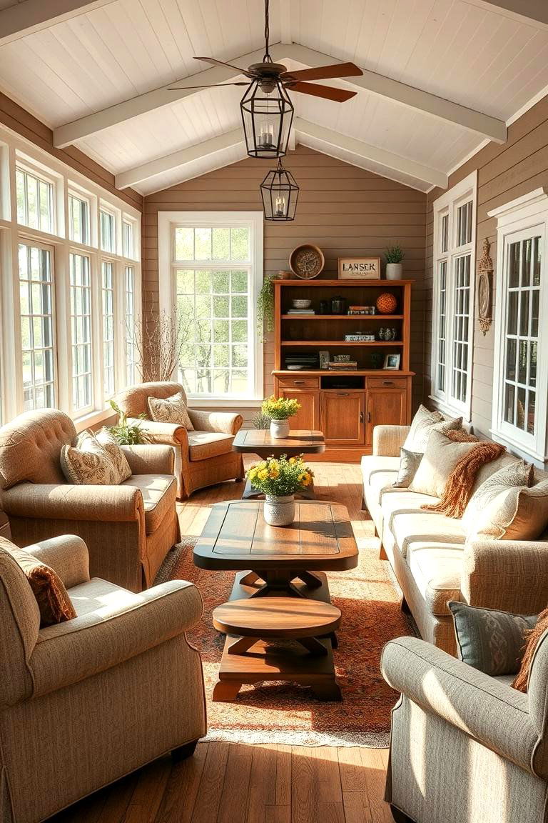 Cozy Farmhouse Seating Area - 24 Farmhouse Sunroom Ideas