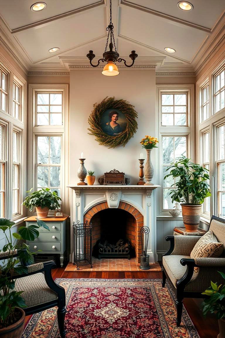 Cozy Fireplace Accent in a Sunroom - 24 Victorian Sunroom Ideas