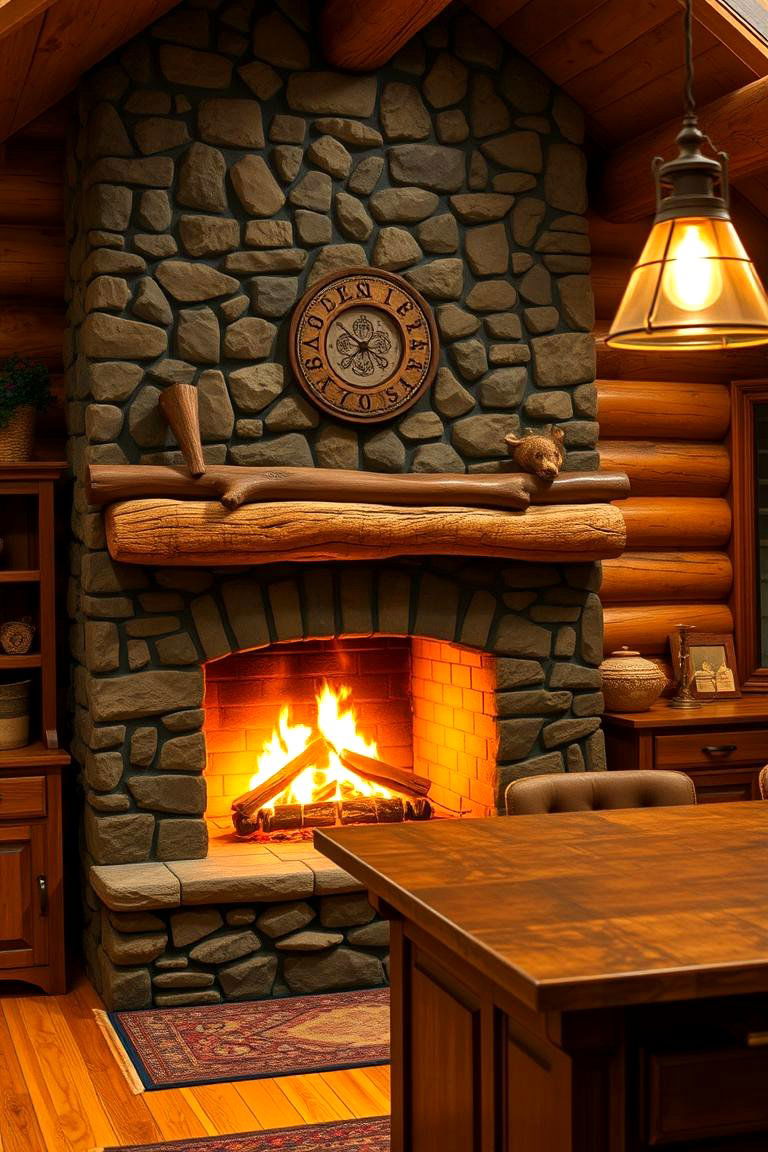 Cozy Fireplace Feature - 24 Log Cabin Kitchen Design Ideas