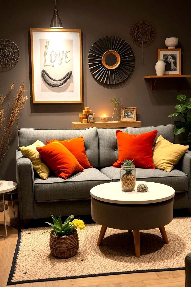 Cozy Grey Sofa with Vibrant Orange Cushions - 24 Orange and Grey Living Room Ideas