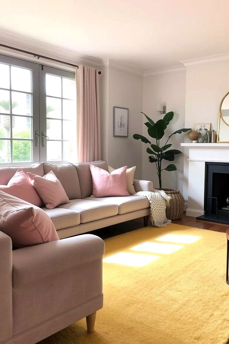 Cozy Living Room Vibes with Textured Accents - 24 How to Decorate With Yellow and Pink