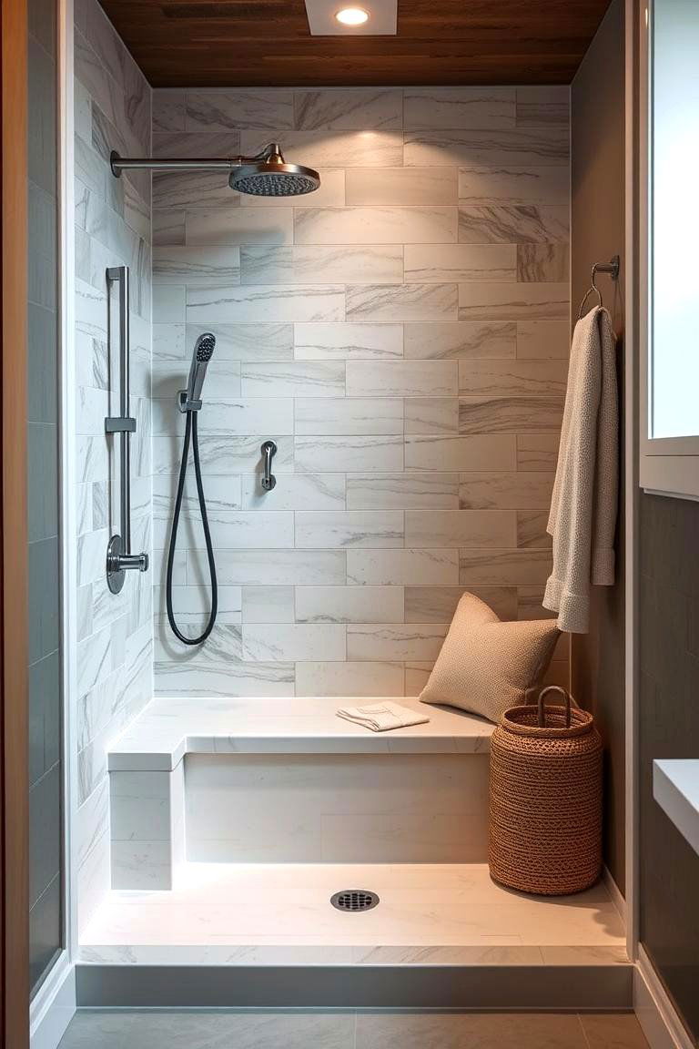 Cozy Nook with Bench Seating - 24 Walk in Shower Ideas With Bench