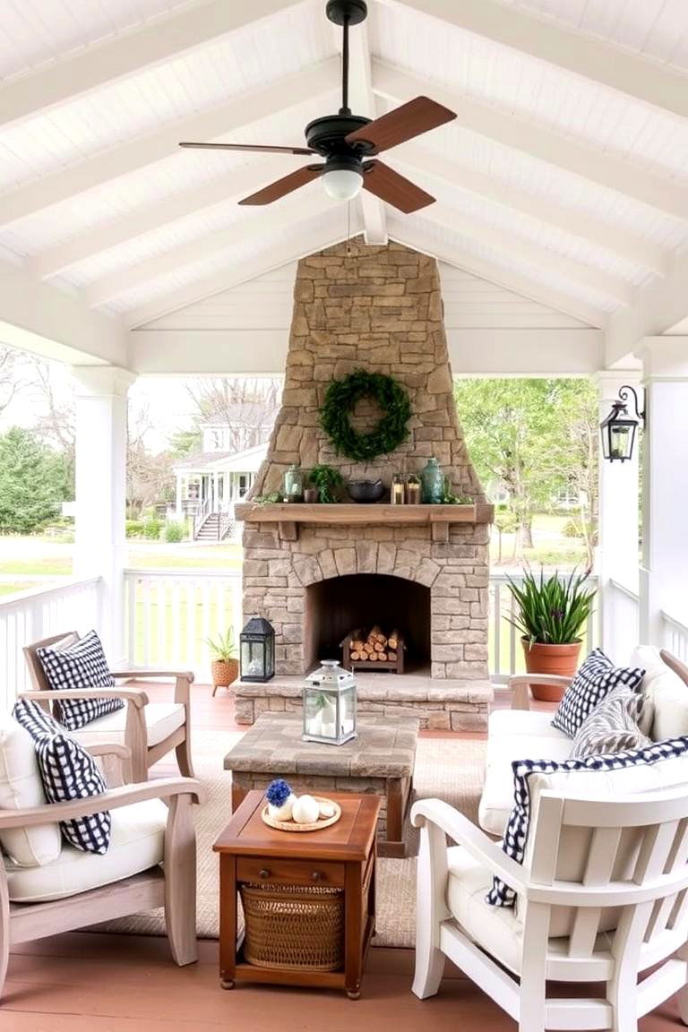Cozy Outdoor Fireplace - 24 White Farmhouse With Wrap-around Porch Ideas