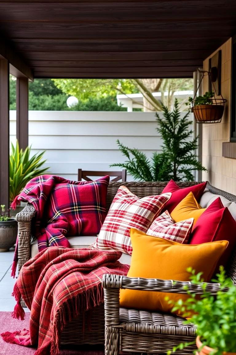 Cozy Outdoor Seating with Throws and Pillows - 24 fall outdoor decorating ideas