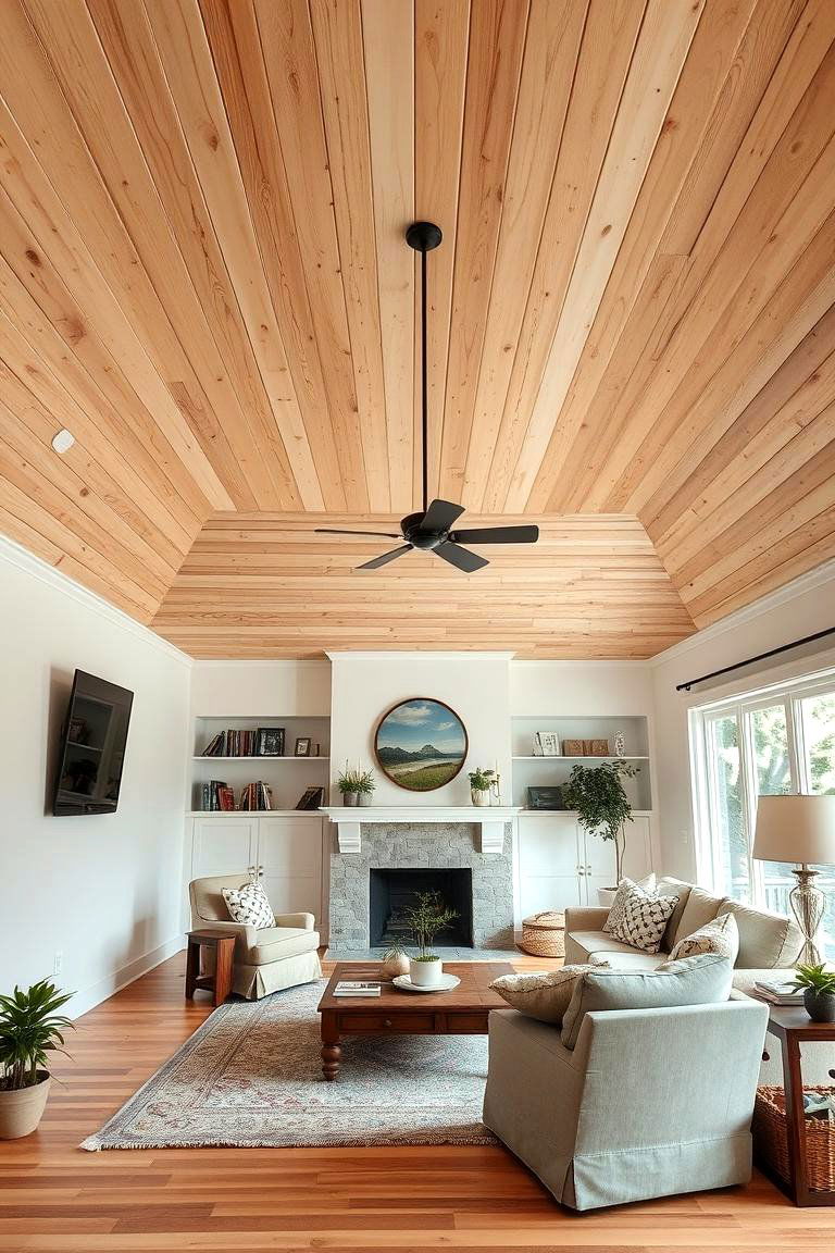 Cozy Plank Ceiling - 24 Living Room Ceiling Ideas