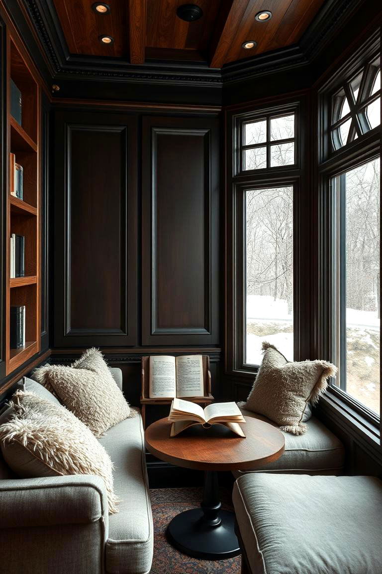 Cozy Reading Nook in Warm Hues - 24 Black and Brown Interior Design Ideas