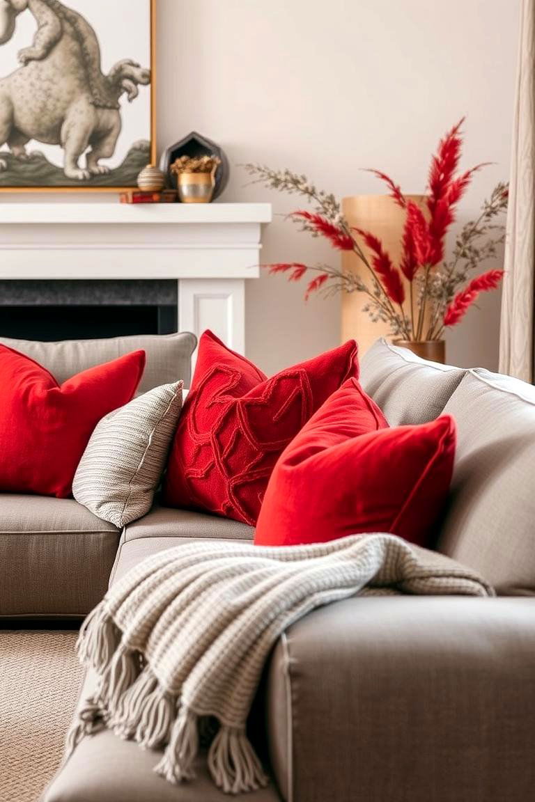 Cozy Red Throw Pillows and Grey Textiles - 24 Red and Grey Living Room Ideas