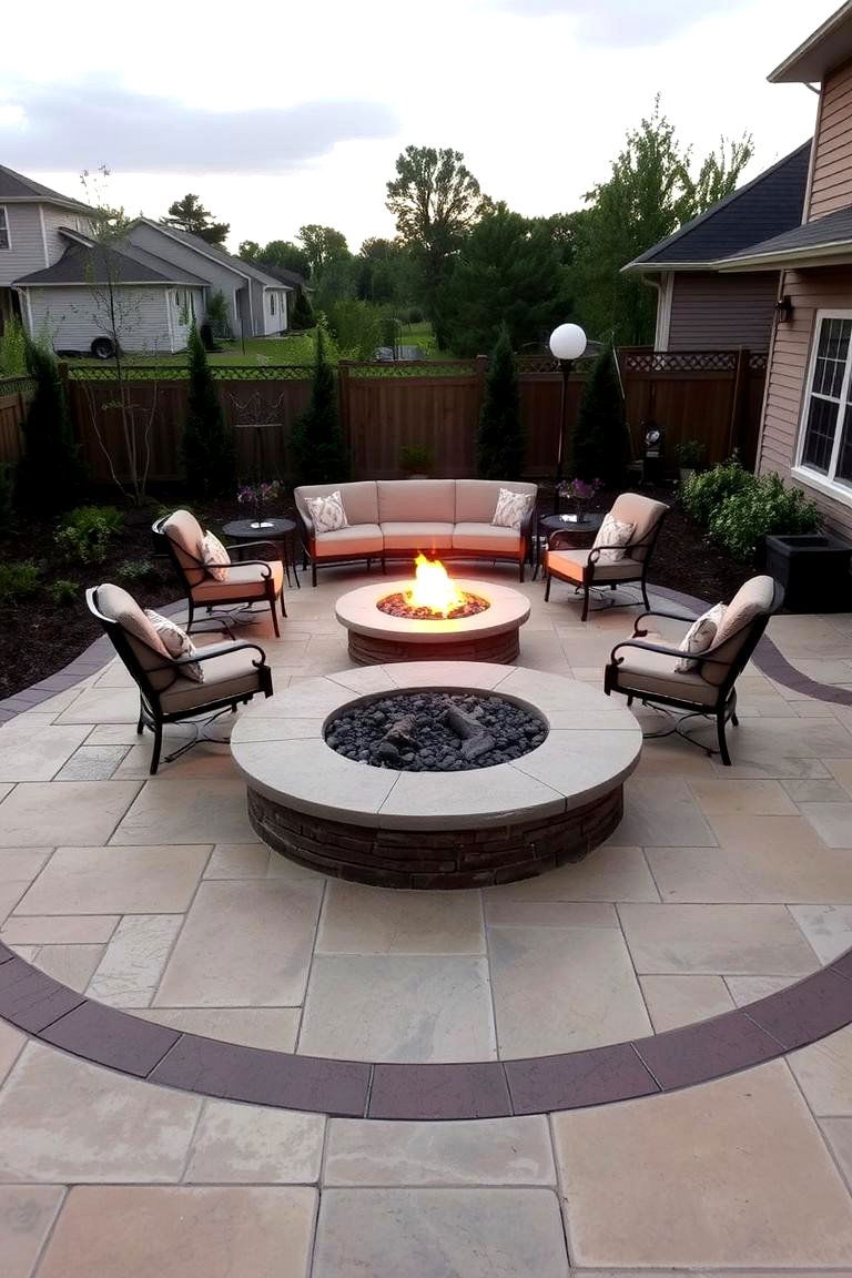 Cozy Retreat with Custom Border Details - 24 stamped concrete patio with fire pit ideas