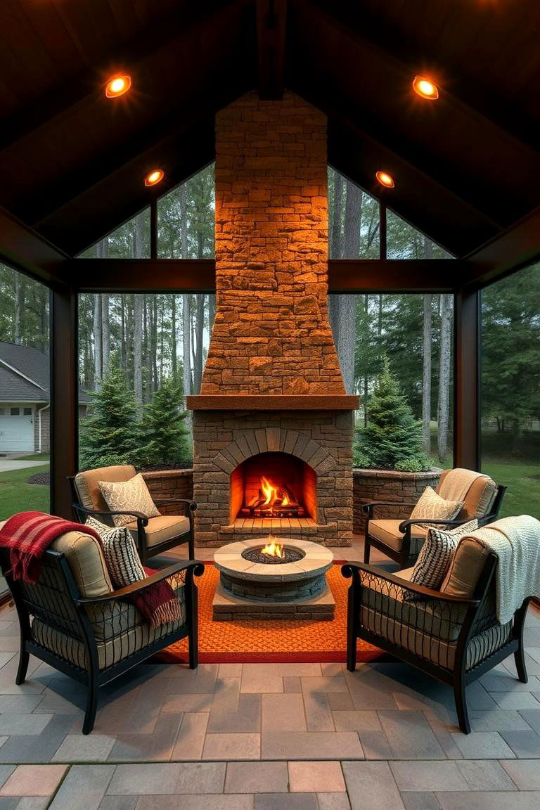 Cozy Screened in Fireplace Lounge - 24 Screened-in Deck Ideas