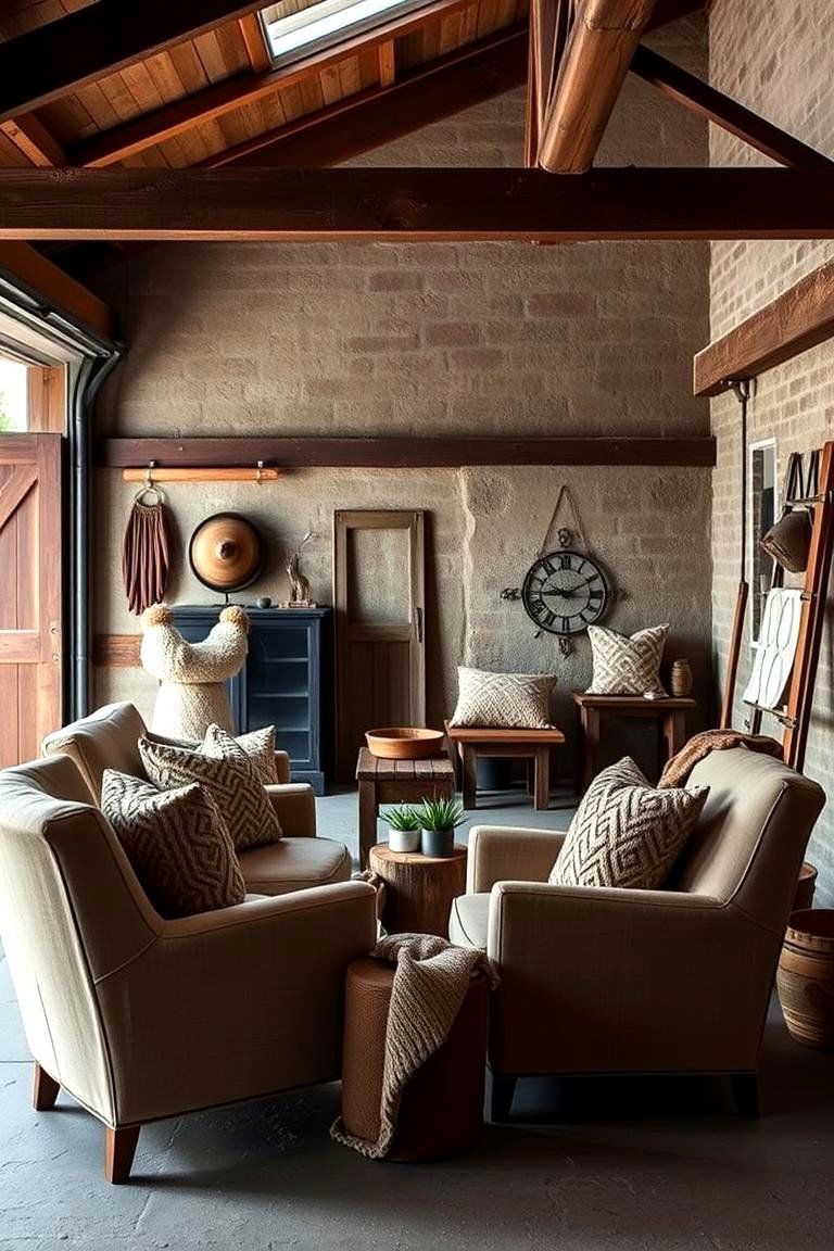 Cozy Seating Area with Natural Textiles - 24 Rustic Garage Ideas