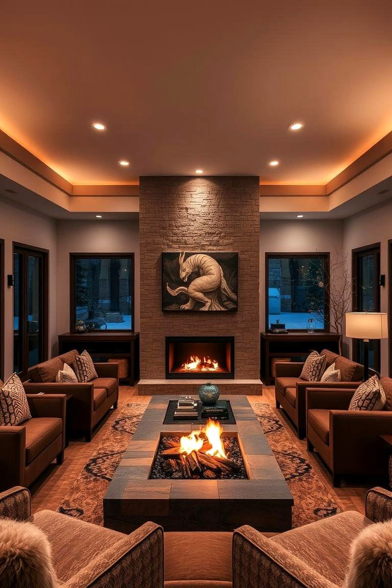 Cozy Sunken Living Room with Fire Feature - 24 Sunken Living Room Ideas