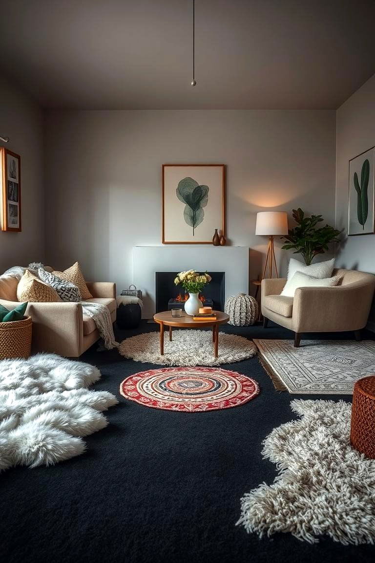 Cozy Textured Contrast - 24 Black Carpet Living Room Ideas