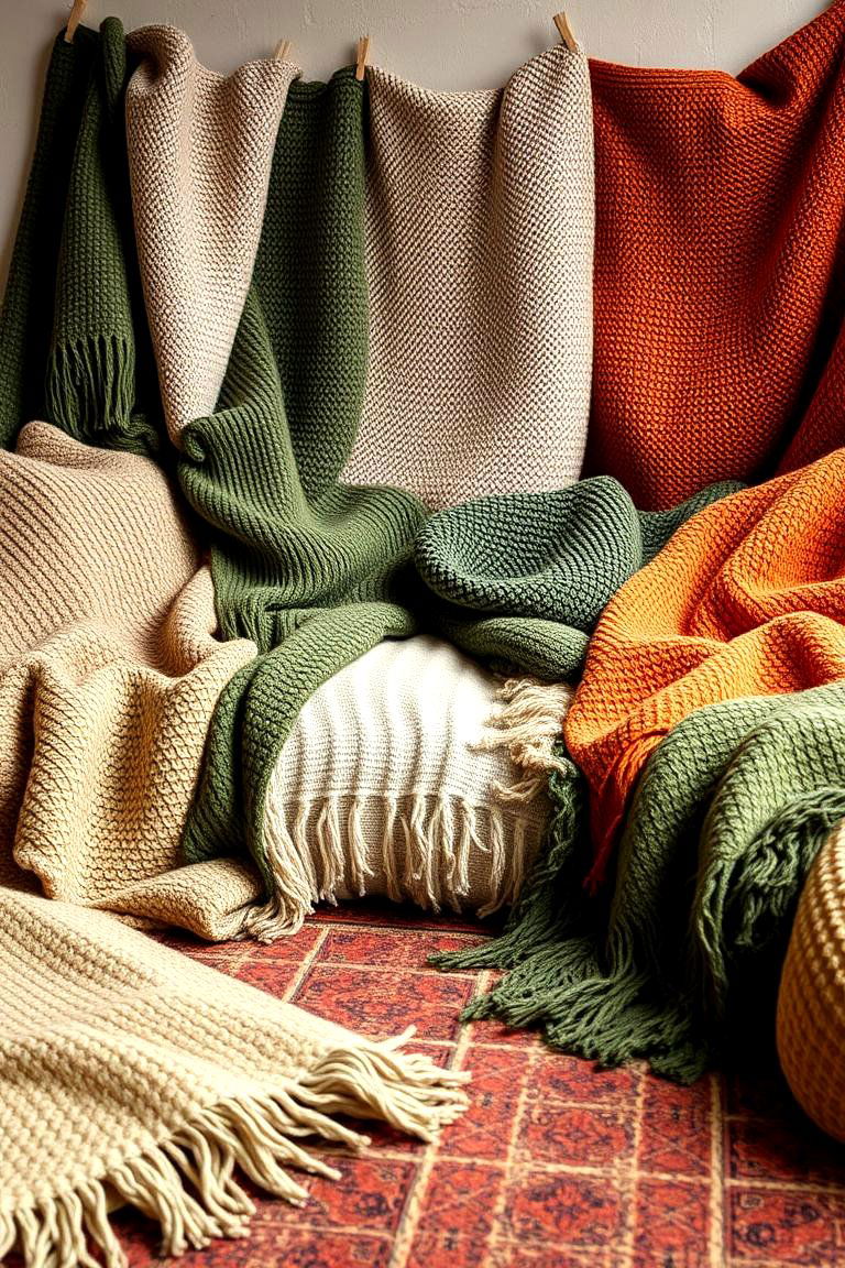 Cozy Textured Throws and Rugs - 24 Green and Orange Living Room Ideas