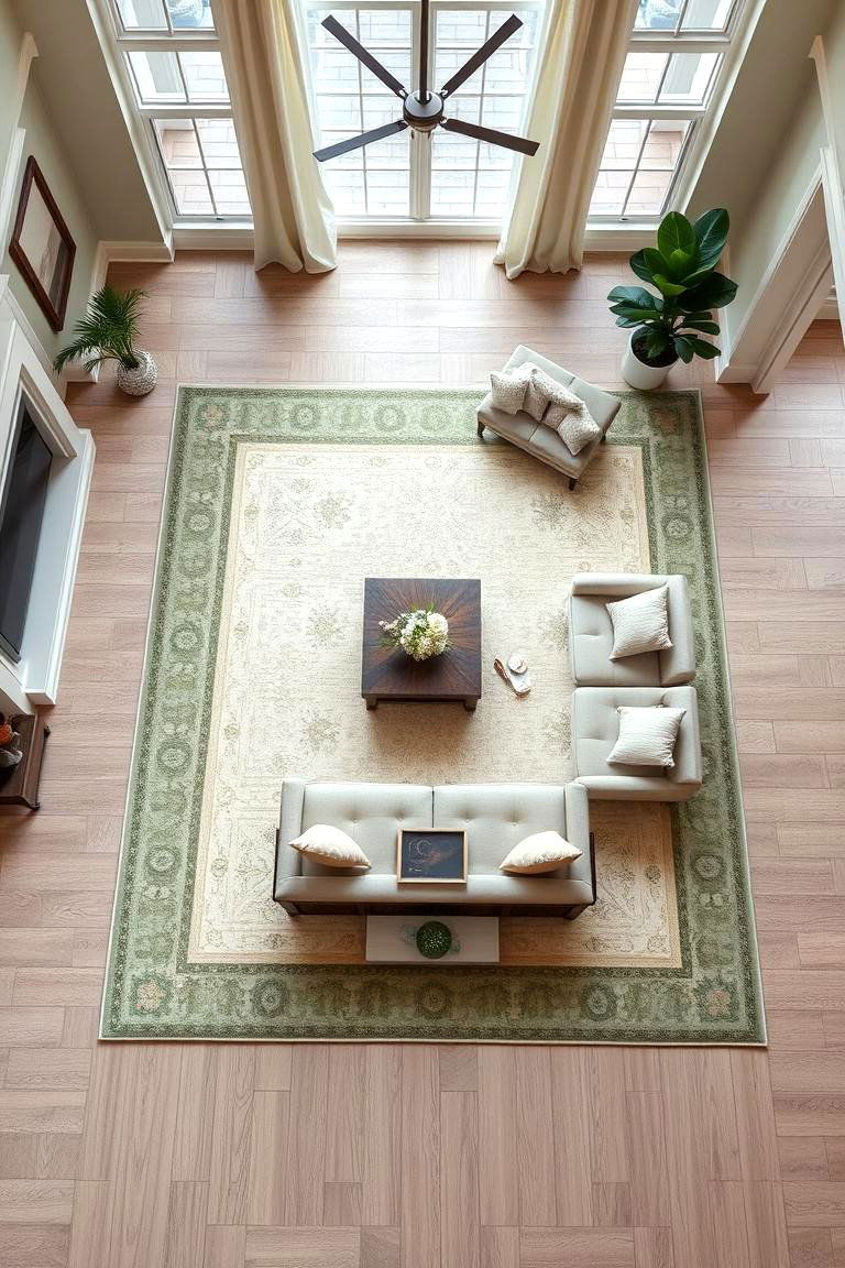 Cream Area Rug with a Sage Green Border - 24 sage green and cream living room ideas