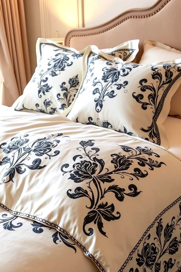 Cream Bedding with Black Patterns - 24 Cream and Black Bedroom Ideas