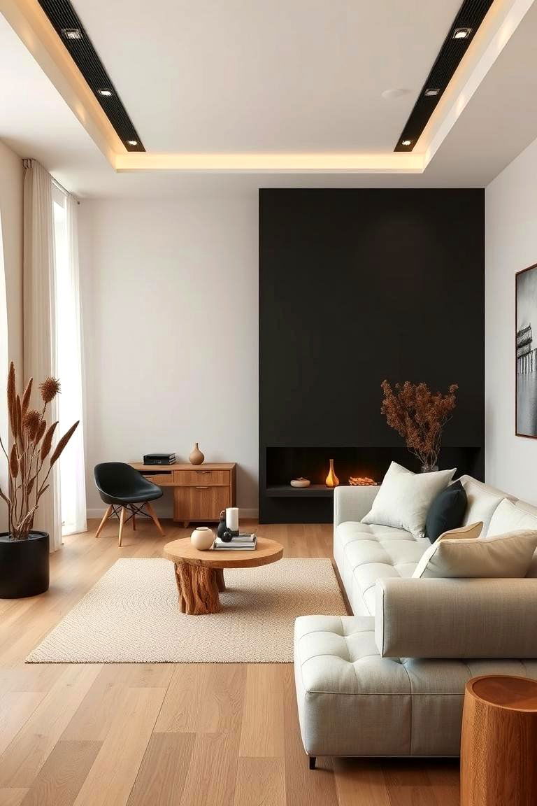 Cream Black and Natural Wood Elements - 24 Cream and Black Living Room Ideas
