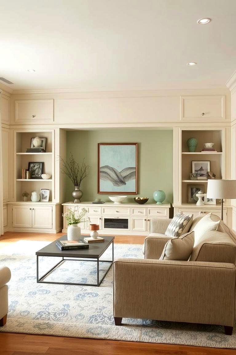 Cream Built in Cabinetry with Sage Green Interiors - 24 sage green and cream living room ideas
