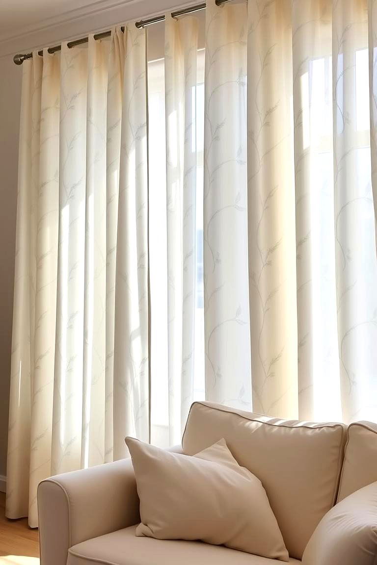 Cream Curtains with Subtle Sage Green Patterns - 24 sage green and cream living room ideas