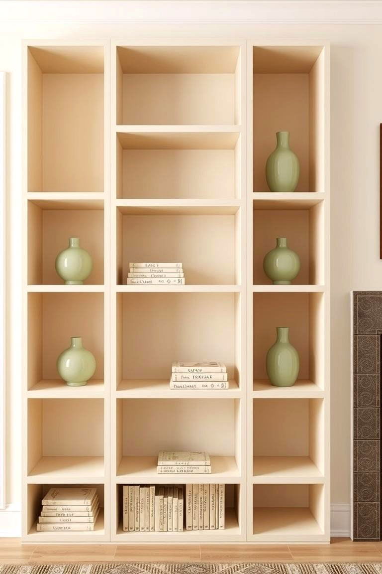 Cream Shelving with Sage Green Accents - 24 sage green and cream living room ideas