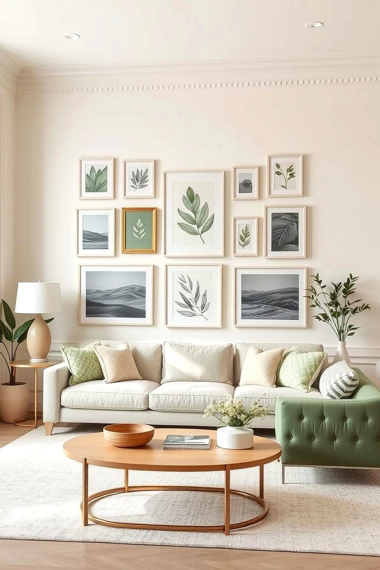 Cream Walls with a Gallery Wall Featuring Sage Green Accents - 24 sage green and cream living room ideas