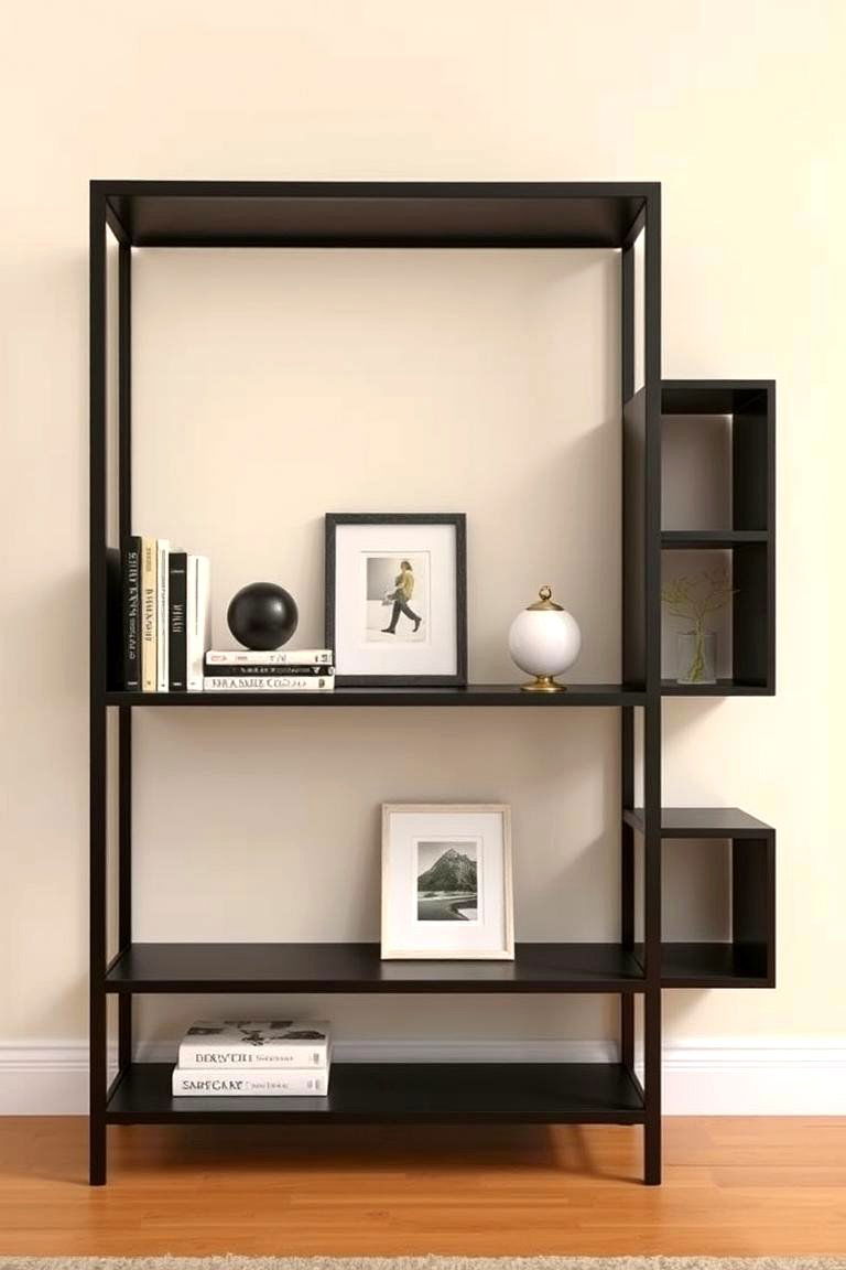 Cream and Black Accented Walls with Shelving - 24 Cream and Black Bedroom Ideas