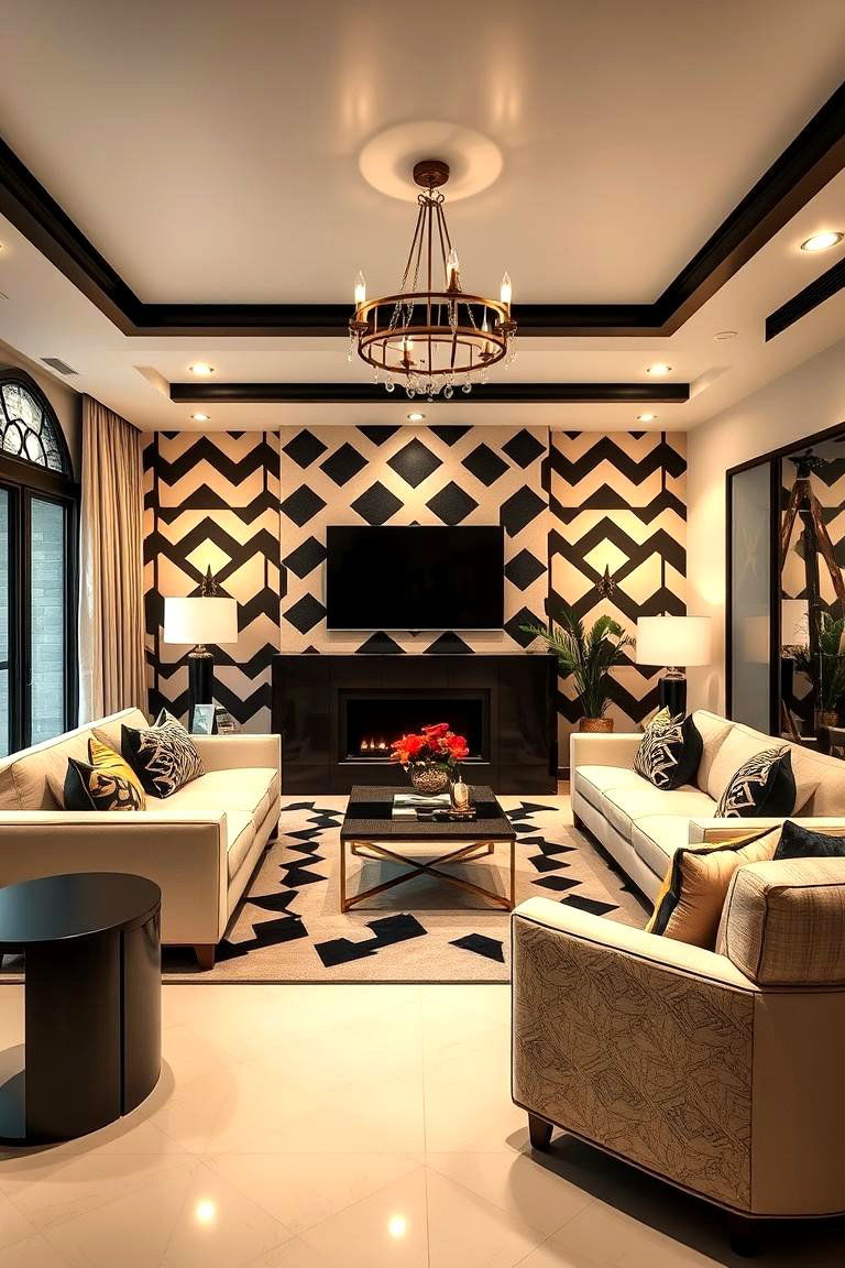 Cream and Black with Bold Geometric Patterns - 24 Cream and Black Living Room Ideas