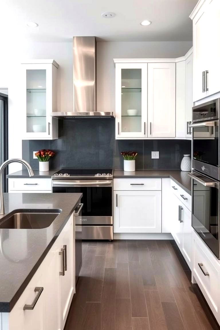 Create Contrast with Dark Countertops - 24 Small White Kitchen Ideas