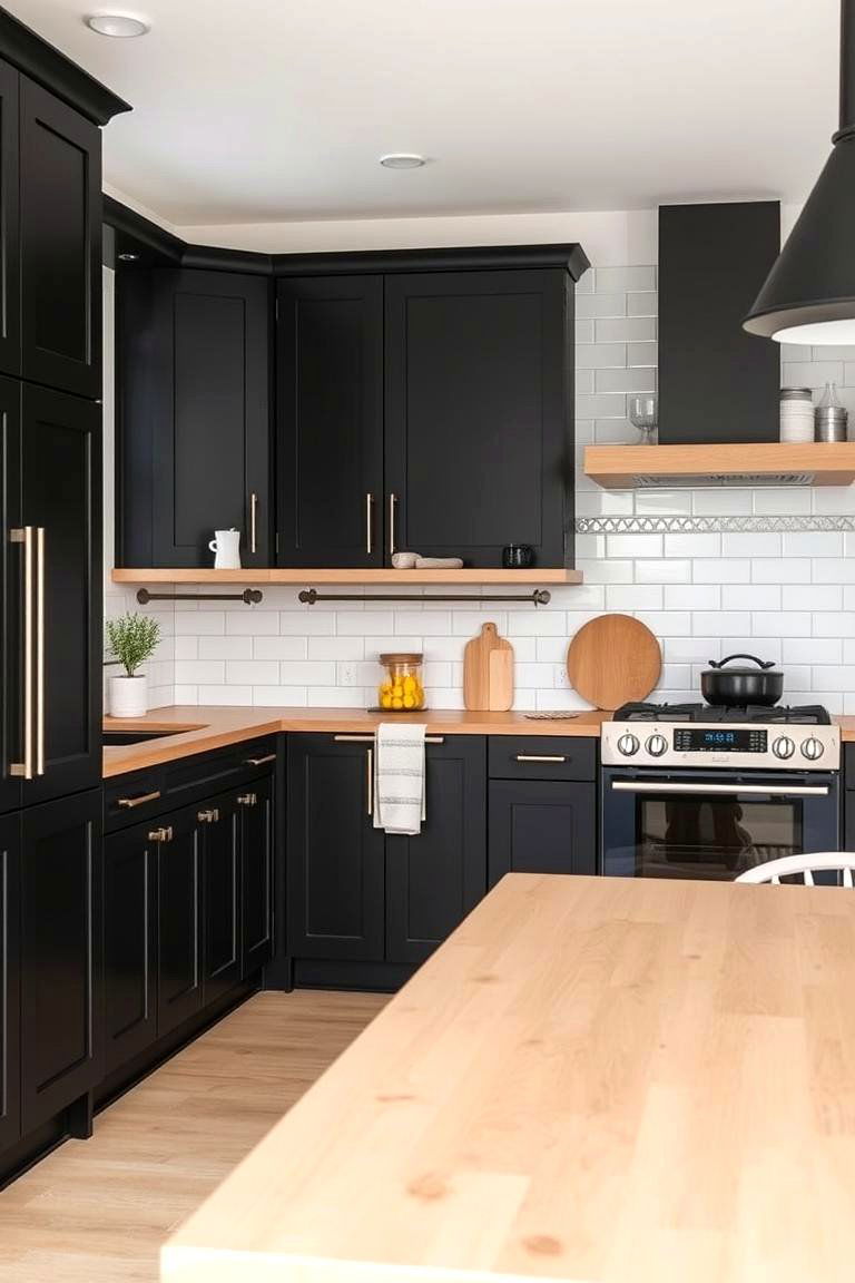Create Contrast with Light Wood - 24 Kitchen With Black Cabinets And Wood Countertops Ideas