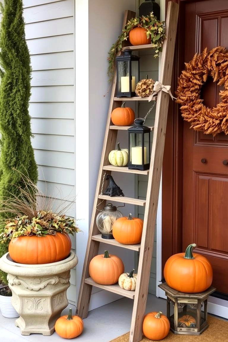 Create a Fall Porch Ladder Display - 24 Fall Porch Decor Ideas