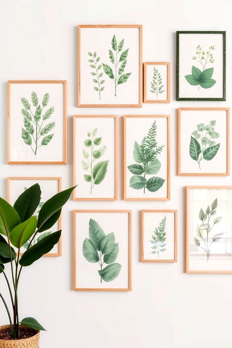 Create a Gallery Wall Featuring Sage Green Botanical Prints - 24 Rustic Sage Green Living Room Ideas