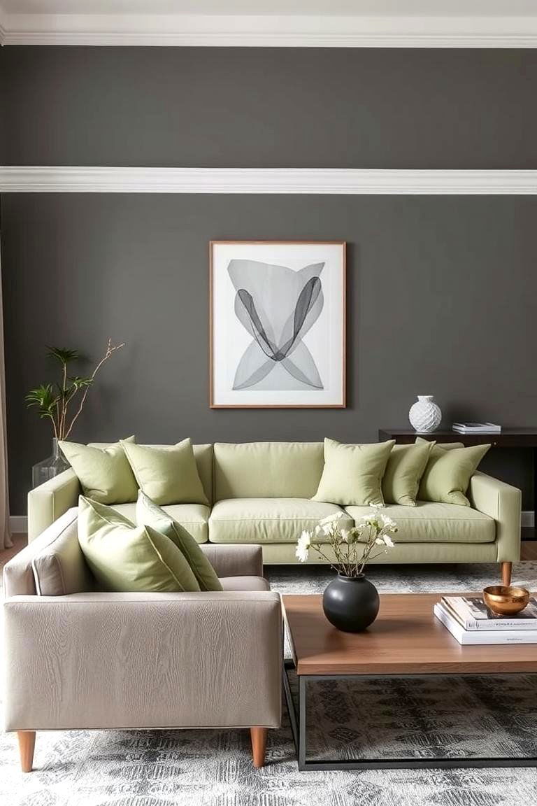 Create a Monochromatic Grey Base with Sage Green Highlights - 24 Grey and Sage Green Living Room Ideas