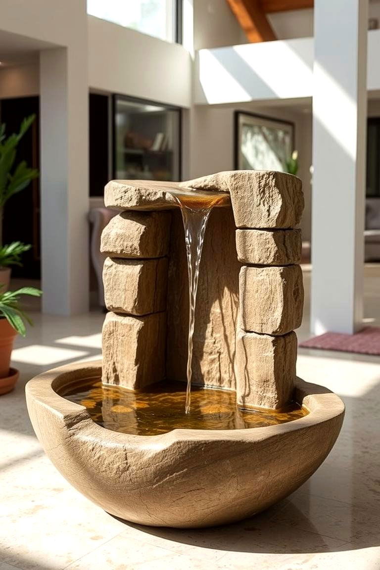 Create a Peaceful Water Feature - 24 Earthy Living Room Decor Ideas