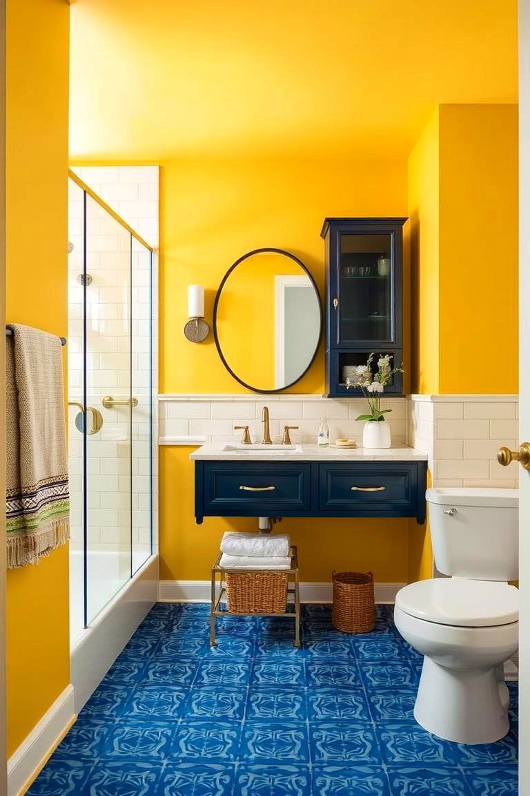 Create a Yellow and Blue Contrast - 24 Yellow Bathroom Ideas