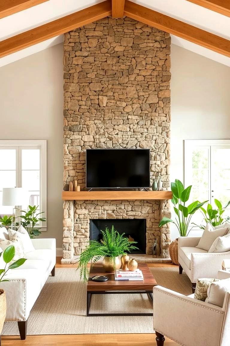 Create an Accent Wall with Natural Stone - 24 Earthy Living Room Decor Ideas