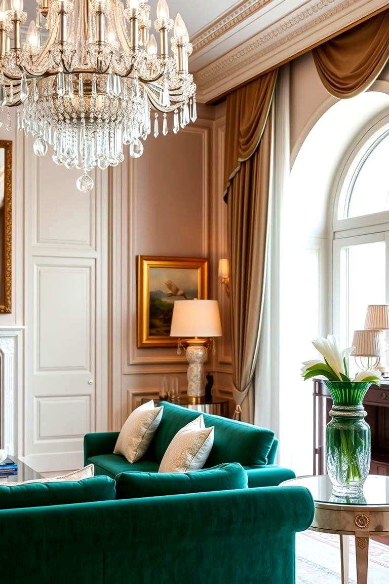 Create an Elegant Space with Crystal Accents - 24 Emerald Green Sofa Living Room Ideas