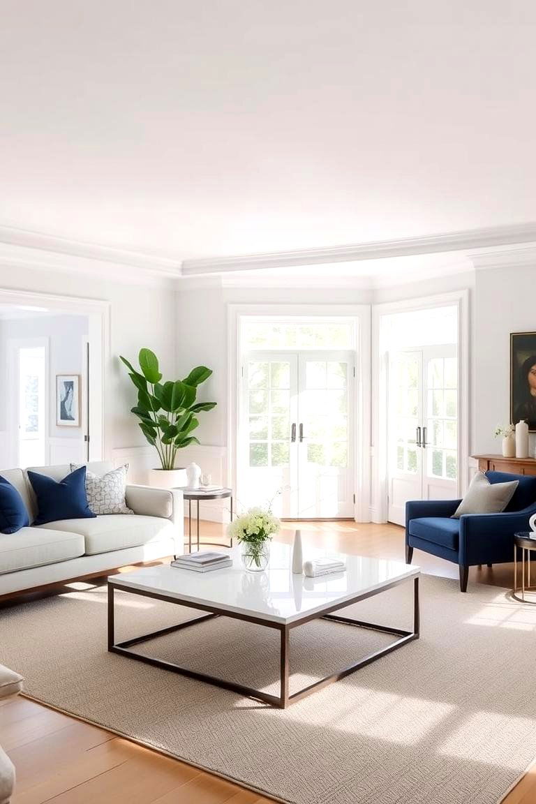 Creating Contrast with White Accents - 24 Navy Blue and Grey Living Room Ideas